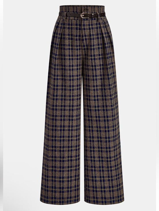 Commense Pants - Commense Wide-Leg Plaid Trousers with Belt - Navy & Tan Large